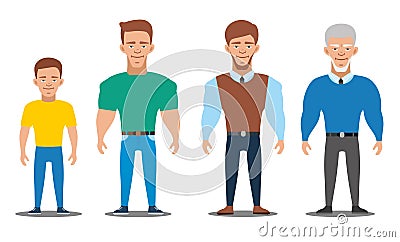 Cartoon characters showing age progress. People Generations. All age group of european man Vector Illustration