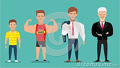 Cartoon characters showing age progress. People Generations. European man. Flat Cartoon Illustration