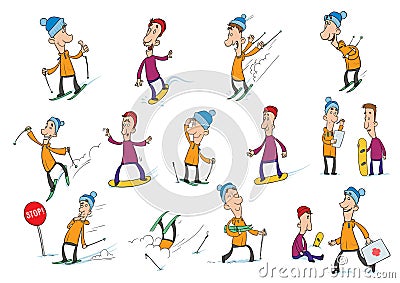 Cartoon characters, skier and snowboarder. Winter sports, snowboarding and skiing. Vector Illustration, isolated on Vector Illustration