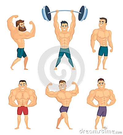 Cartoon characters of strong and muscular bodybuilders posing in different poses Vector Illustration