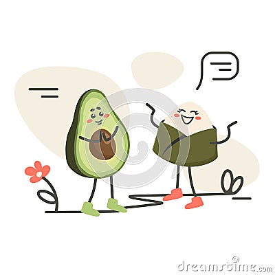 Cartoon characters talking. Japanese onigiri roll with avocado. Asian food. Doodle drawn vector illustration for dishes, menu, Vector Illustration