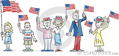 CARTOON CHARACTERS WAVING U.S. PATRIOTIC FLAGS Vector Illustration