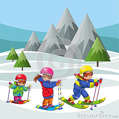 Cartoon cheerful childrens moving on ski in suit Vector Illustration