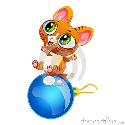 Cartoon cheerful kitty sitting on decoration ball Vector Illustration