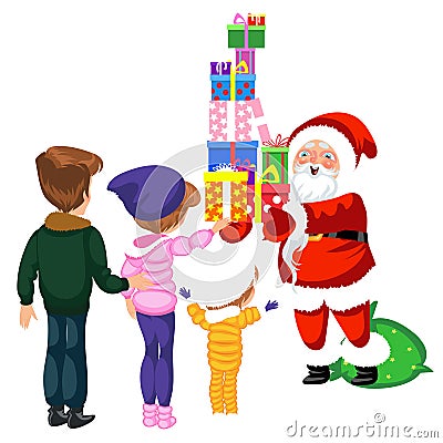 Cartoon cheerful main character of christmas with gifts Vector Illustration