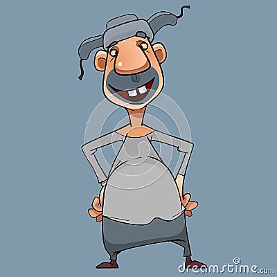 Cartoon cheerful man in hat with earflaps stands hands on hips Vector Illustration