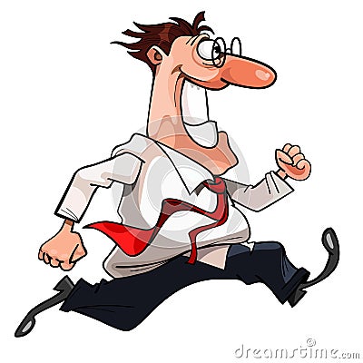 Cartoon cheerful man in a tie and glasses, very fast runs Vector Illustration