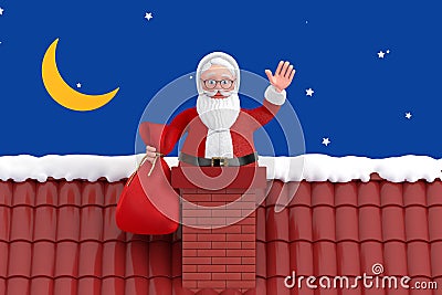 Cartoon Cheerful Santa Claus Granpa in Chimney of Snow Roof with Gift Bag. 3d Rendering Stock Photo