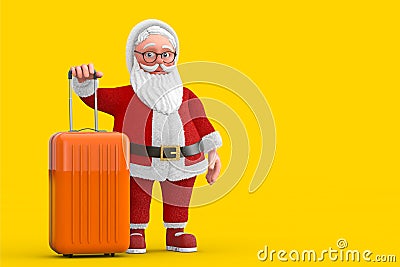 Cartoon Cheerful Santa Claus Granpa with Orange Travel Suitcase. 3d Rendering Stock Photo