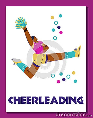 Cartoon cheerleader raised hand up with pompoms and jumping, acrobatic dance, Cheerleading fan motivation vector poster Vector Illustration