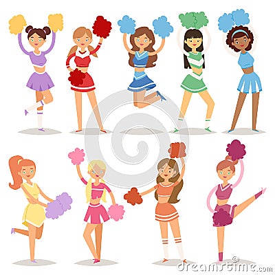 Cartoon cheerleaders girls sport fan dancing cheerleading woman team uniform characters vector illustration Vector Illustration