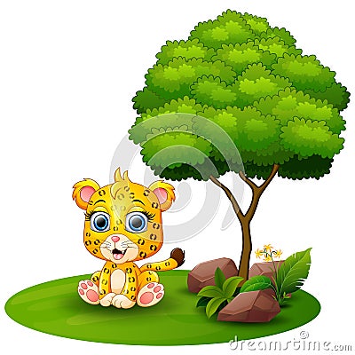 Cartoon cheetah sitting under a tree on a white background Vector Illustration