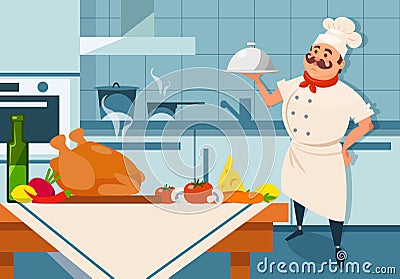 Cartoon chef character holding silver dish in hand. Restaurant s kitchen interior with furniture and utensils. Fresh Vector Illustration