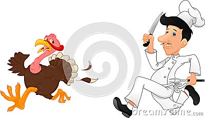 Cartoon chef chasing a turkey Vector Illustration