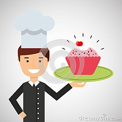 Cartoon chef dessert pink cup cake Vector Illustration