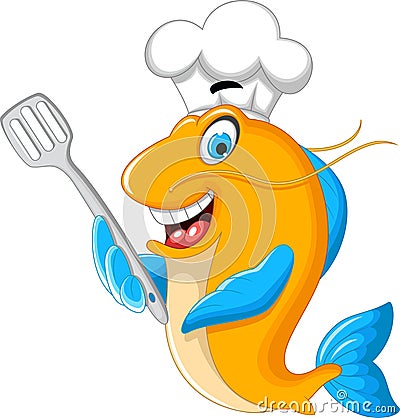 Cartoon chef fish holding a kitchen spatula for you design Stock Photo