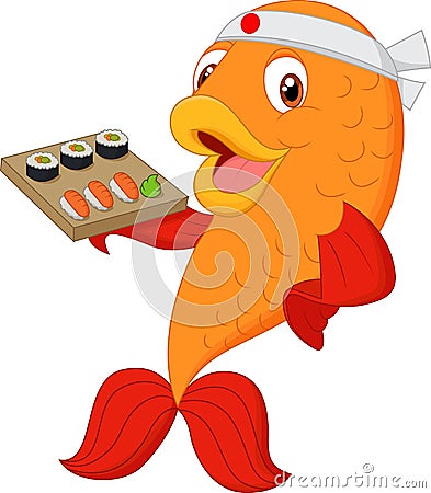 Cartoon chef fish holding sushi Vector Illustration