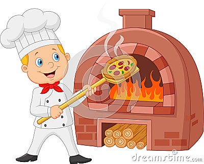 Cartoon chef holding hot pizza with traditional oven Vector Illustration