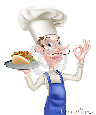 Cartoon Chef Holding Kebab Giving Perfect Sign Vector Illustration