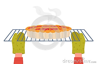 Hands of baker putting fruit cake dessert on tray into kitchen oven to bake Vector Illustration