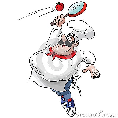 Cartoon Chef playing tennis with a saucepan and a tomato vector Vector Illustration