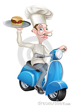 Cartoon Chef on Scooter Moped Delivering Burger Vector Illustration