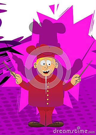 Cartoon chef in uniform as an orchestra conductor. Vector Illustration