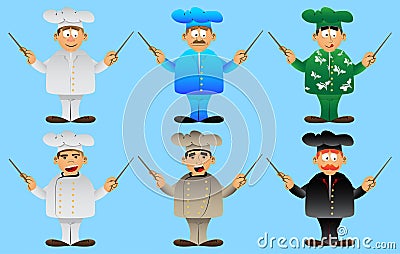 Cartoon chef in uniform as an orchestra conductor. Vector Illustration