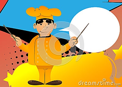 Cartoon chef in uniform as an orchestra conductor. Vector Illustration