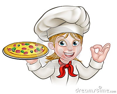 Cartoon Chef Woman and Pizza Vector Illustration