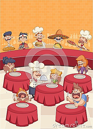 cartoon chefs cooking and holding tray with food. Vector Illustration