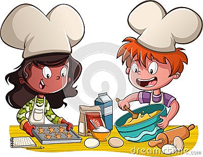 Kids baking cookies in the kitchen. Vector Illustration