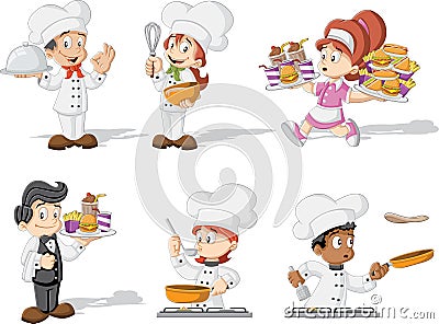 Cartoon chefs cooking, waitress and waiter Vector Illustration