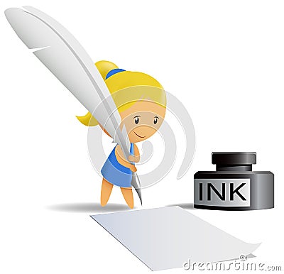 Cartoon chibi girl write by feather pen Vector Illustration