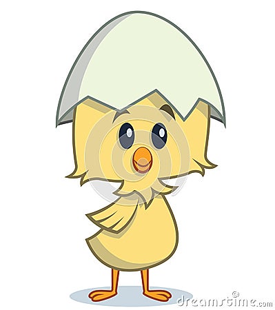 Cartoon chick standing with egg shell on his head Stock Photo