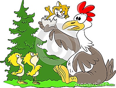 Cartoon chicken surprised to see a cat came up from one of her eggs vector illustration Vector Illustration