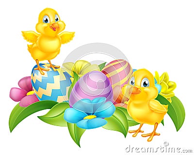 Cartoon Chicks and Easter Eggs Vector Illustration