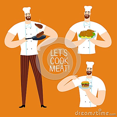 Cartoon chief cooking meat set Cartoon Illustration