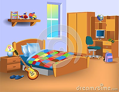 Cartoon child bedroom with computer on desk, toys and electric guitar Vector Illustration