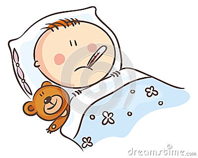 Cartoon child feeling unwell. Little boy suffering high temperature Vector Illustration