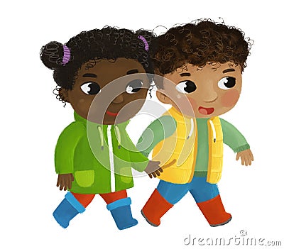 cartoon child kids boy and girl pupils going for a walk childhood illustration for children Cartoon Illustration