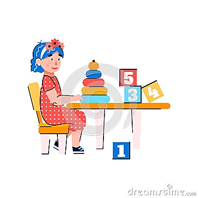 Cartoon child playing with fun education toys, little girl learning to count Vector Illustration