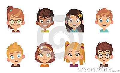 Cartoon children avatars. Joyful preschool smiling multiethnic kids, profile portrait young happy school girl and boy Vector Illustration