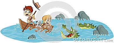 Cartoon children on a boat running from alligators. Vector Illustration