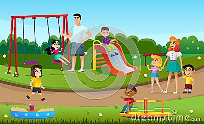 Cartoon Kids Play Swing Slide Sandbox Playground Vector Illustration