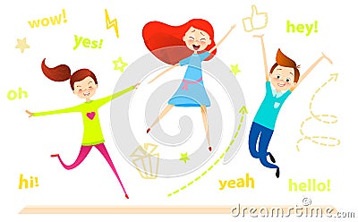 Cartoon children character. Kids jumping. Happy girls and boy enjoy and playing. Editorial Stock Photo