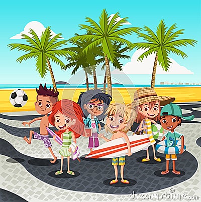 Cartoon children on Copacabana beach sidewalk. Vector Illustration