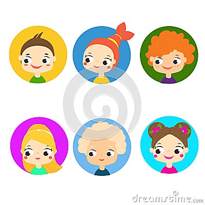 Cartoon children faces. Colorful kids avatars. Cute boys and girls labels, icons Vector Illustration