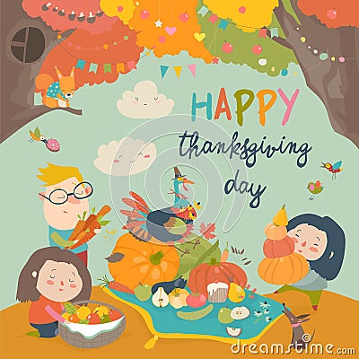 Cartoon children harvesting in autumn garden. Happy Thanksgiving Day Vector Illustration