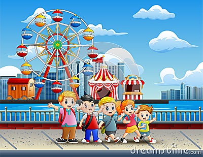 Cartoon of Children having fun on the lakeside with amusement park background Vector Illustration